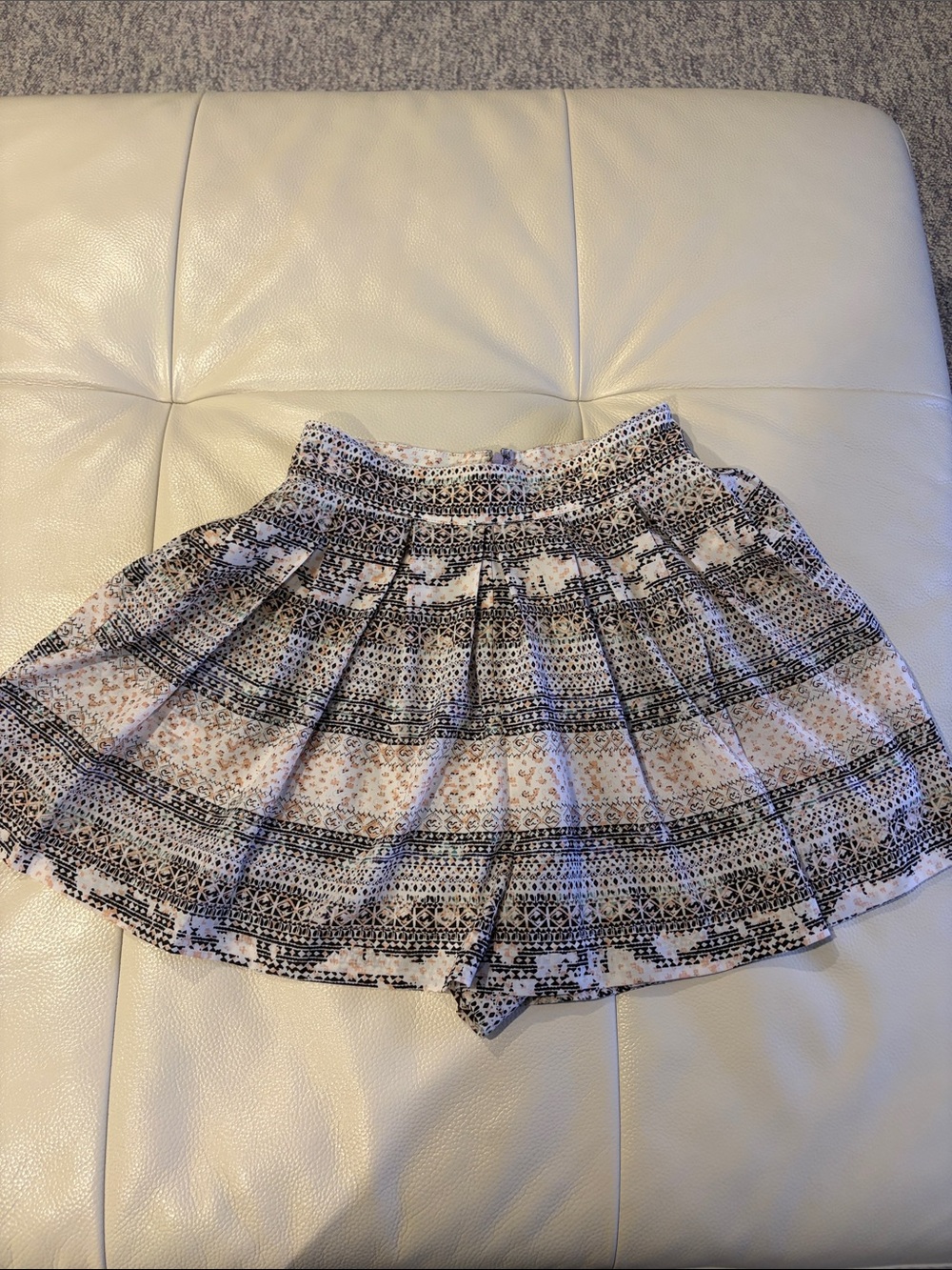 Boho Patterned Pleated Mini Skirt Shorts - Cream,Black,& a bit of Pink